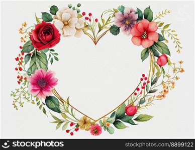 Delicate floral heart shaped frame.  Watercolor style illustration.