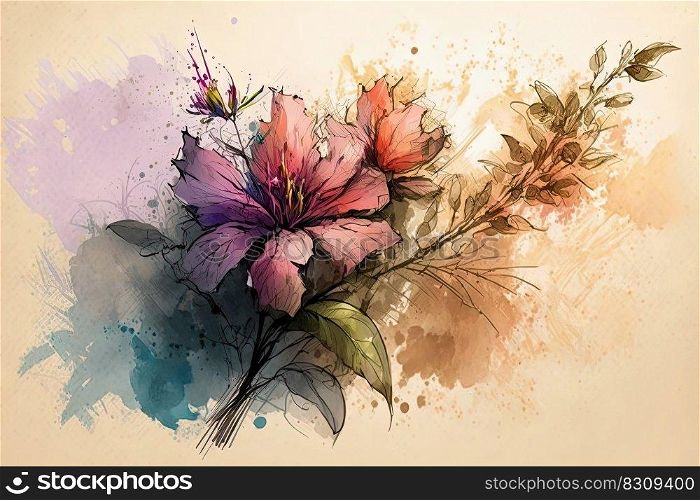 Delicate floral watercolor flower, soft colors, boho style flowers. Luxurious background for postcards. AI. Delicate watercolor flower. Luxurious background for postcards. AI