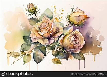 Delicate floral watercolor roses and green leaves, soft colors, boho style flowers. Luxurious background for postcards. AI. Delicate watercolor roses. Luxurious background for postcards. AI