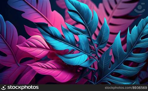 Delicate pastel blue and pink leaves of jungle plants. Floral tropical pattern for wallpaper.AI generative illustration.. Delicate pastel blue and pink leaves of jungle plants. Floral tropical pattern for wallpaper. AI generative illustration.