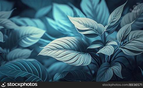 Delicate pastel blue leaves of jungle plants. Floral tropical pattern for wallpaper.AI generative illustration.. Delicate pastel blue leaves of jungle plants. Floral tropical pattern for wallpaper. AI generative illustration.