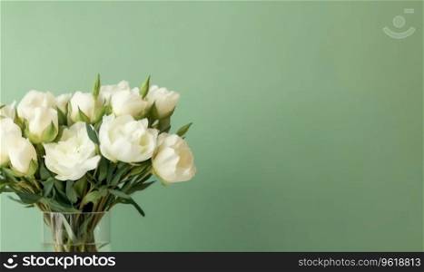 Delicate peonies on vase an pastel green background. A bouquet of flowers. Floral arrangement with empty copyspace. Mother&rsquo;s Day concept. Created with generative AI tools. Delicate peonies on vase an pastel green background. Created with AI