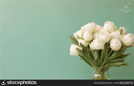 Delicate peonies on vase an pastel green background. A bouquet of flowers. Floral arrangement with empty copyspace. Mother&rsquo;s Day concept. Created with generative AI tools. Delicate peonies on vase an pastel green background. Created with AI