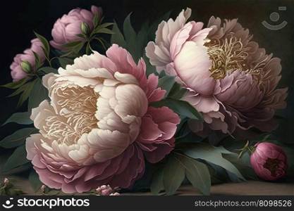 Delicate peony bouquet. Luxurious spring flowers on dark background. AI. Delicate peony bouquet. Luxurious flowers on dark background. AI
