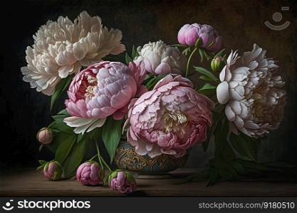Delicate peony bouquet. Luxurious spring flowers on dark background. AI. Delicate peony bouquet. Luxurious flowers on dark background. AI