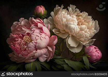 Delicate peony bouquet. Luxurious spring flowers on dark background. Delicate peony bouquet. Luxurious flowers on dark background