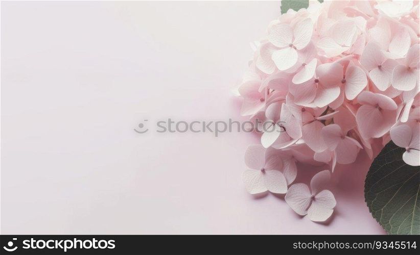 Delicate pink hydrangea with green leaves on a pale pink background with copy space. Created using AI Generated technology and image editing software.