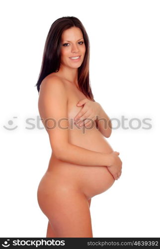 Delicate pose of a pregnant woman with naked torso isolated on a white background