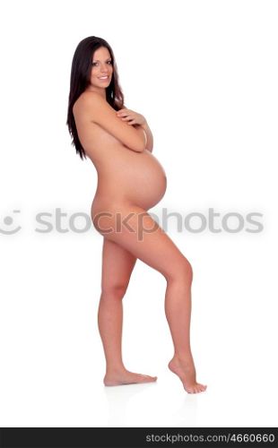 Delicate pose of a pregnant woman with naked torso isolated on a white background
