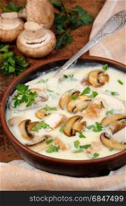 Delicate soup puree from champignons and chicken with herbs