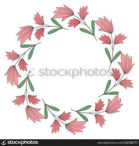 Delicate spring floral wreath isolated object. Circular frame with flowers and leaves. Round botanical template for cards and congratulations, vector illustration.. Delicate spring floral wreath isolated object.