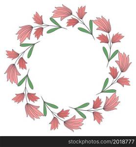 Delicate spring floral wreath isolated object. Circular frame with flowers and leaves. Round botanical template for cards and congratulations, vector illustration.. Delicate spring floral wreath isolated object.