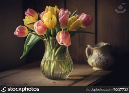 delicate spring tulips in vase on wooden table, created with generative ai. delicate spring tulips in vase on wooden table