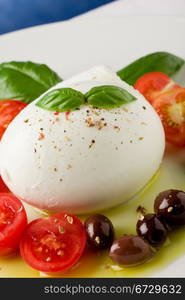 deliciious buffalo mozzarella with cutted cherry tomatoes and olives over extra vergin oil