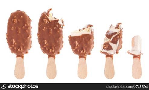 delicious almond chocolate ice cream (being eaten up, sequential images) isolated on white background