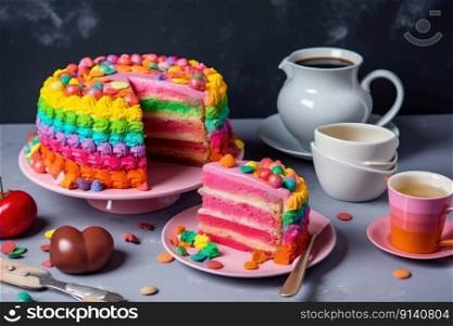 Delicious and beautiful cake with rainbow colors, served with tea or coffee by generative AI