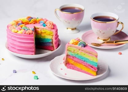 Delicious and beautiful cake with rainbow colors, served with tea or coffee by generative AI