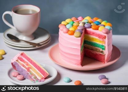 Delicious and beautiful cake with rainbow colors, served with tea or coffee by generative AI