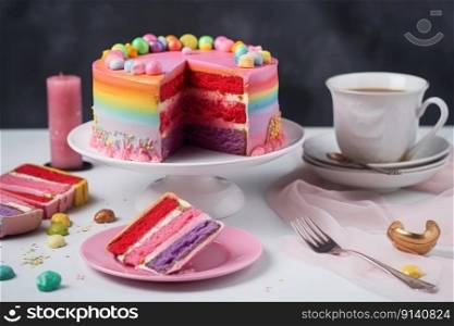 Delicious and beautiful cake with rainbow colors, served with tea or coffee by generative AI