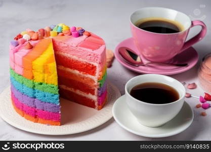 Delicious and beautiful cake with rainbow colors, served with tea or coffee by generative AI