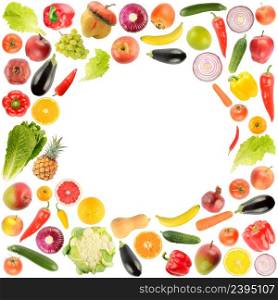 Delicious and healthy vegetables and fruits in form frame isolated on white background.