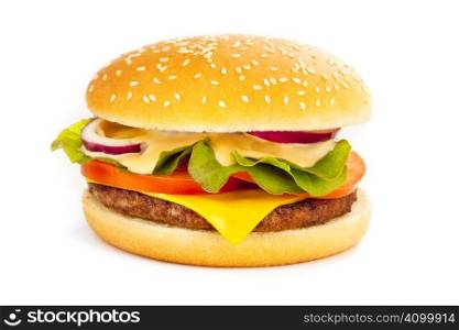 Delicious and well made cheese burger over a white background