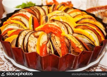 Delicious appetizing, just cooked dish ratatouille. close-up