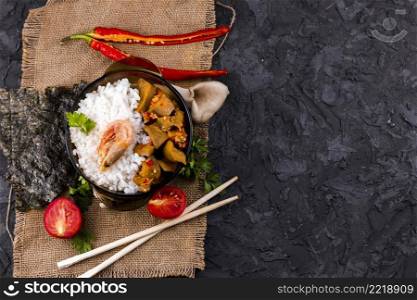 delicious asian rice shrimp dish with copy space