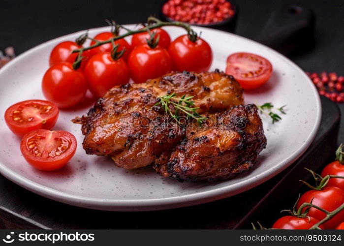 Delicious baked chicken meat with salt, spices and herbs on a dark concrete background