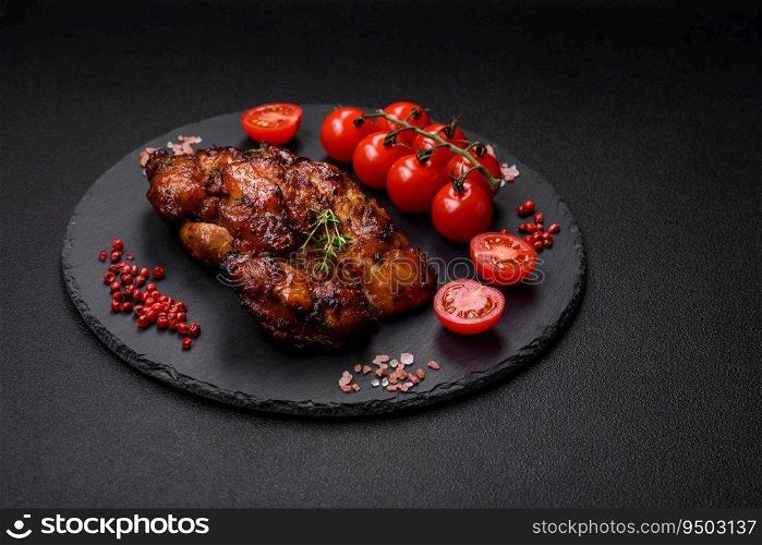 Delicious baked chicken meat with salt, spices and herbs on a dark concrete background