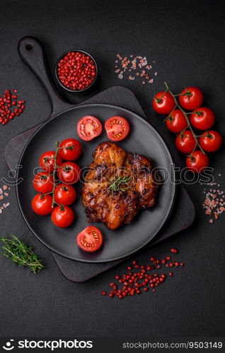 Delicious baked chicken meat with salt, spices and herbs on a dark concrete background