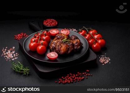 Delicious bakedχcken meat with sa<, sπces and herbs on a dark concrete background