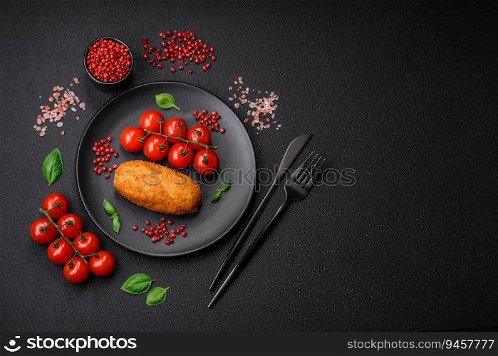 Delicious baked potato cutlet stuffed with chicken and vegetables, spices and salt on a dark concrete background