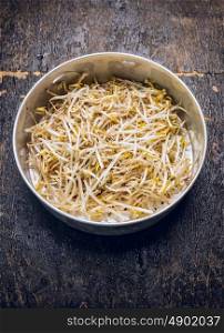delicious bean sprouts in colander for cooking, top view
