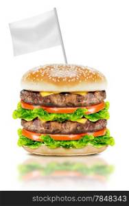 Delicious big burger with beef, tomato, cheese and lettuce with white flag on white background with clipping path.