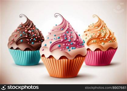 Delicious birthday cupcakes with butter cream icing isolated on white. Generative AI