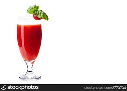 delicious bloody mary cocktail with basil leaf on white background