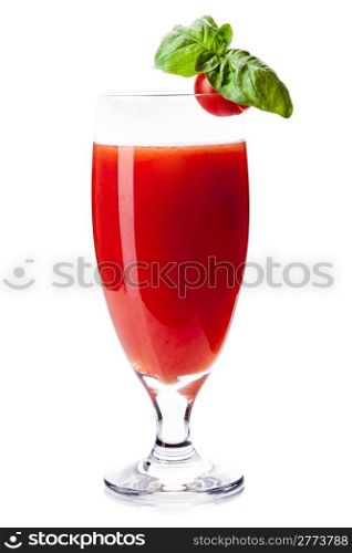 delicious bloody mary cocktail with basil leaf on white background