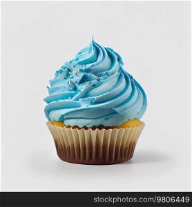 Delicious blue cupcake with lots of cream. Illustration AI Generative 