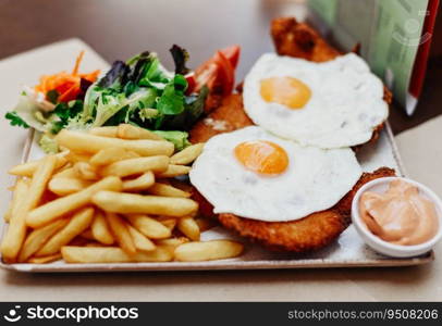 Delicious breaded beef dish with ham, cheese, fried eggs, accompanied by French fries. typical Argentine dish