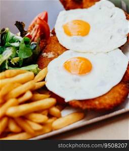 Delicious breaded beef dish with ham, cheese, fried eggs, accompanied by French fries. typical Argentine dish
