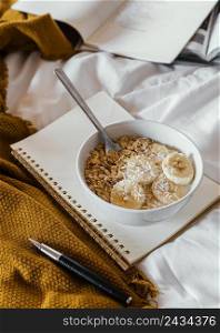 delicious breakfast with cereals high angle