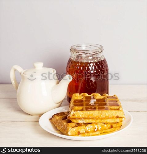 delicious breakfast with tea sweet waffle honey