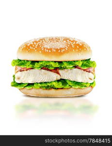 Delicious burger with beef, tomato, cheese and lettuce on white background with clipping path.