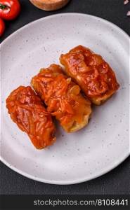 Delicious cabbage rolls with meat, rice, salt, spices and herbs. Traditional dish of Ukrainian cuisine