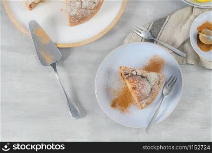 Delicious cake slice with pear, ginger and cinnamon on a plate in a dark kitchen counter.
