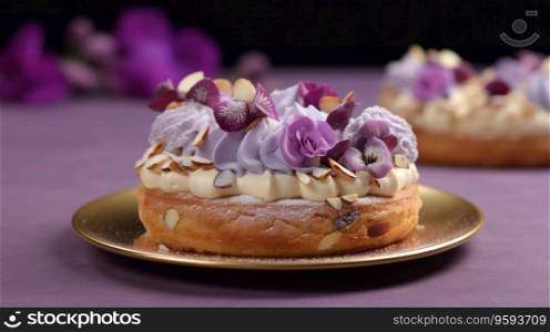 Delicious cake with whipped cream and flowers on violet background 