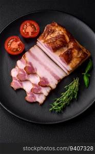 Delicious calorie smoked bacon with salt, spices and herbs on a dark concrete background