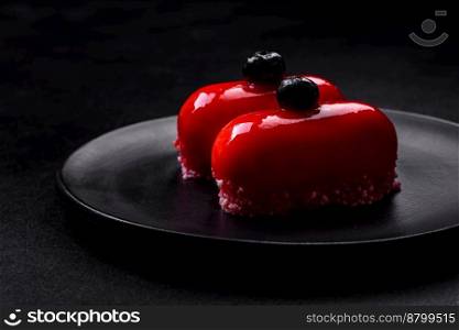 
Delicious cheese cakes with red coating made for Valentine&rsquo;s holiday. Sweets for the holiday table