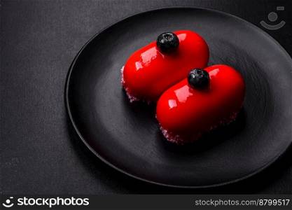 
Delicious cheese cakes with red coating made for Valentine&rsquo;s holiday. Sweets for the holiday table